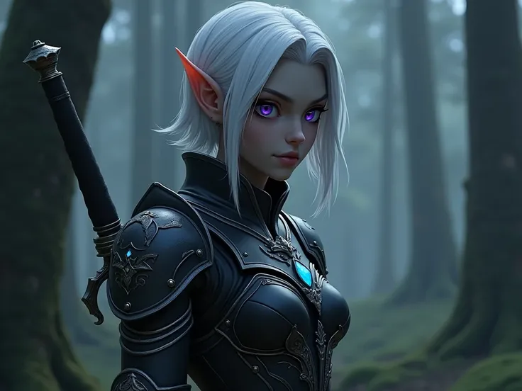 The fantasy image depicts an elf character in a mystical forest setting. The character has dark grey skin, striking violet eyes, and long, pointed ears typical of elven features. Her hair is white and styled in a short, elegant bob. She wears tight-fitting...