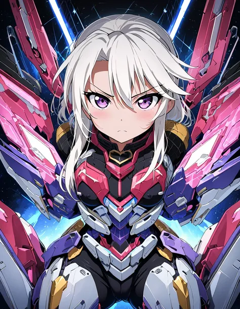 (Chloe von Einzbern, ),     ( sitting on gundam mechanical cockpit, ), cool girl, seriously,  (bang dream style), cybernetic background , (cameltoe, panties, m-shaped spreading legs, ), ( girl, pov, hetero, ), (cool serious expression, ), (romantic), (dyna...