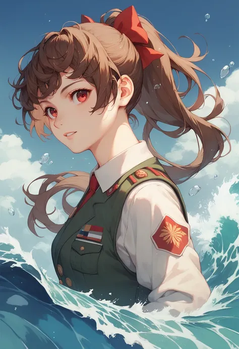 best quality, female, ponytail, wave hair, brown hair, red eyes, sanpaku, fair skin,  20-year-old in ,military