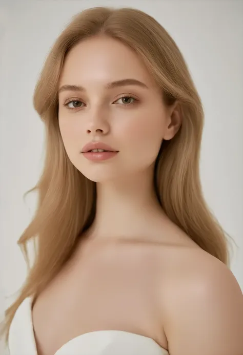 "A beautiful young woman with long, slightly wavy blonde hair, light brown sparkling eyes, radiant skin, and delicate facial features. She has a well-defined, curvy figure with a confident posture, resembling a fashion or lifestyle influencer. She is dress...