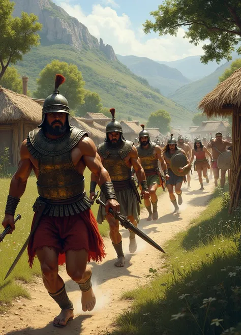 Five Minoan-Mycenaean soldiers invading a small Neolithic village. Realistic image.