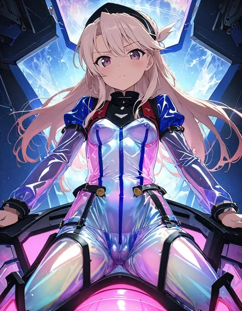 (Chloe von Einzbern, ),     ( vinyl translucent suits, sitting on gundam mechanical cockpit, ), cool girl, seriously,  (bang dream style), cybernetic cockpit seat background , (cameltoe, panties, m-shaped spreading legs, ), ( girl, pov, hetero, ), (cool se...