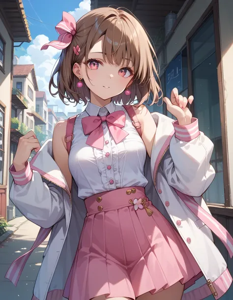 Pink eyes, brown hair, small ribbon, pink skirt, white outerwear, earrings, girl