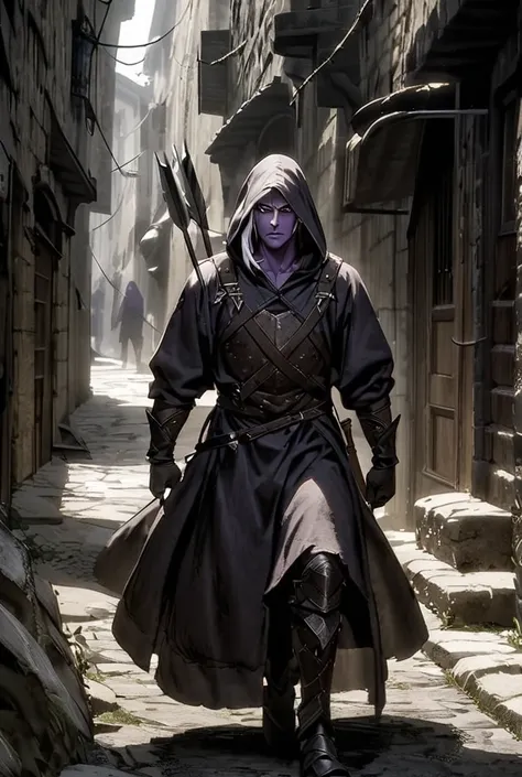 Elf man, dark purple skin, lilac eyes,  Covered with a hood ,  his white hair can be seen under the hood , He wears leather armor with studs ,  he carries daggers on his legs and a bow and arrows on his back, gloved hands,  he walks with a serious face dow...