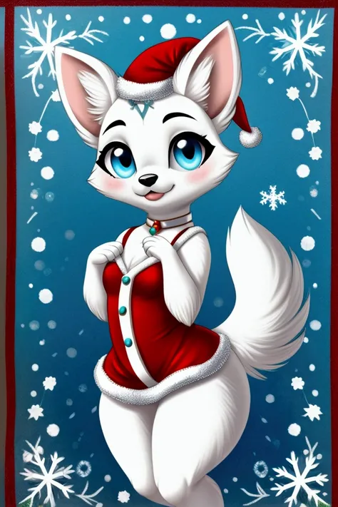 Little Hosky slender female dog with good big thighs and black and white fur and pretty blue eyes and shes in a Christmas theme and shes  and shes a girl and shes very cute 