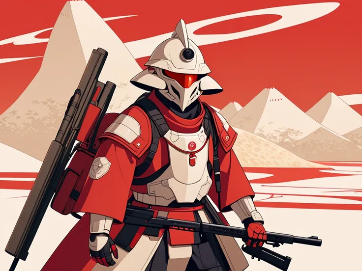 A male warrior riding a dinosaur beige. He is wearing a japanese inspired armor in red colors, with minimalist futuristic details. He is wearing an kettle hat . He is armed with a small rifle. The style is futuristic anime. The setting is clean and minimal...