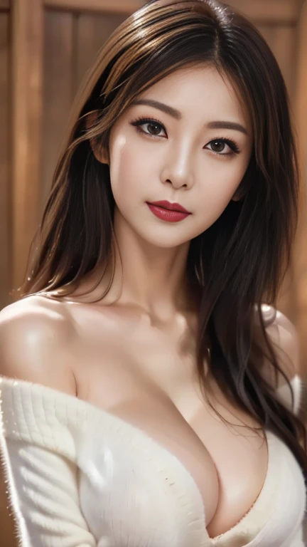 UHD, masterpiece, anatomically correct, super detail, high details, best quality, 8k、Alone、Kissing Face:1.1、 Sharp Focus 、Close-up photo of 、 beautiful collarbone 、
 viewers of the pin:1.8、(( wearing an off-the-shoulder sweater and focusing on the face、(Su...