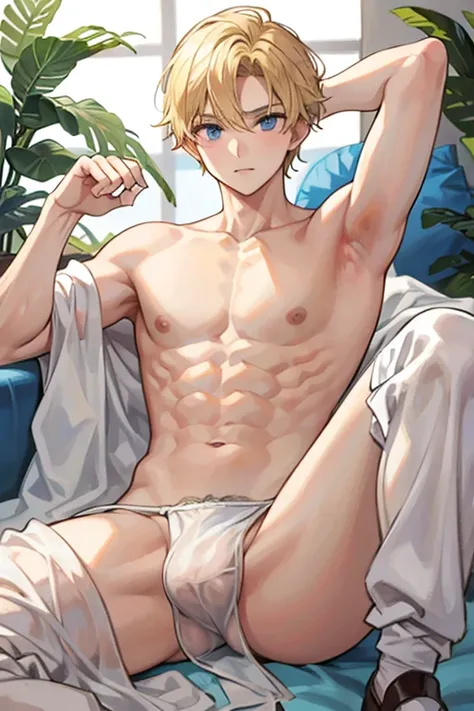 The handsome prince with blond hair shows his armpit hair and is shirtless and stretches out