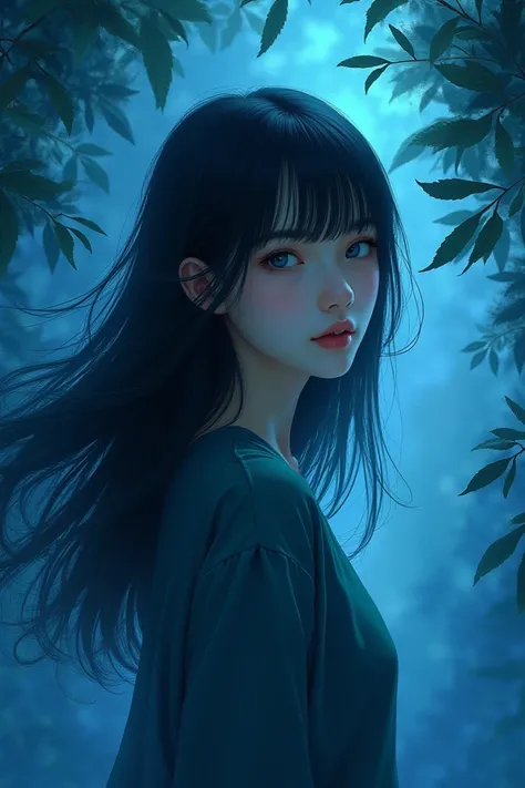  a girl with straight black hair although short to a little lower than her shoulders on her back with her hair flying and her hands on her back, The background is a mix of blue colors and leaves blowing .  so that the image looks darker as if it were night...