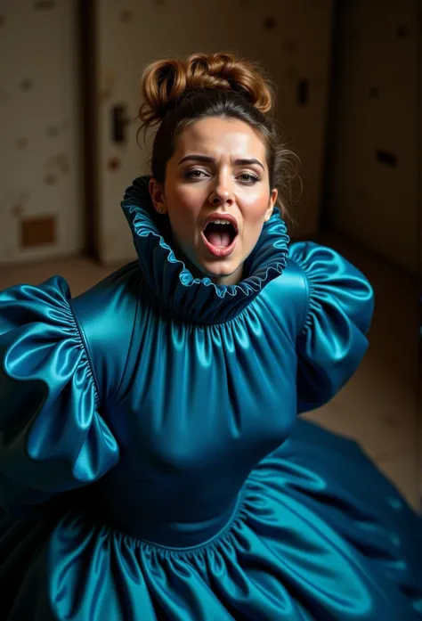 (realistic photograph close up sideways victorian) (birds eye view), (a big bust slender waist pleased beautiful orgasm looking kneeling lady with (messy hair bun)), (she is wearing (an exaggerated elaborate shiny blue silk high neck dress with (long extre...