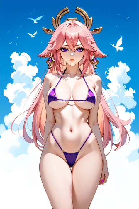 Yae Miko from Genshin Impact, pink hair, purple eyes, large breasts, and thick thighs, standing in a relaxed contrapposto pose, arms behind her back, facing viewer, dramatic, neutral expression, micro bikini, hair fluttering in the wind, pale color gradati...