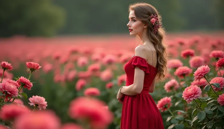 A beautiful girl in a red dress standing next to a pink flower, beautiful southern European woman, beautiful European girl, beautiful young European woman, beautiful young European woman, beautiful woman, stunning elegant picture, elegant European woman, e...