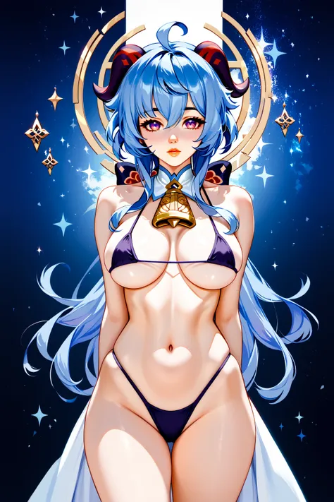 Ganyu from Genshin Impact, horns, blue hair, purple eyes, large breasts, and thick thighs, standing in a relaxed contrapposto pose, arms behind her back, facing viewer, dramatic, neutral expression, micro bikini, hair fluttering in the wind, pale color gra...