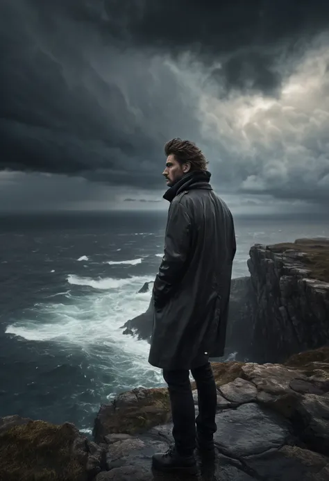 a lonely man standing on a rocky cliff, gazing into the abyss, dramatic cloudy sky, cinematic lighting, epic scale, photorealistic, highly detailed, moody, melancholic, (best quality, 8k, hyperrealistic, masterpiece:1.2), cinematic lighting, dramatic atmos...