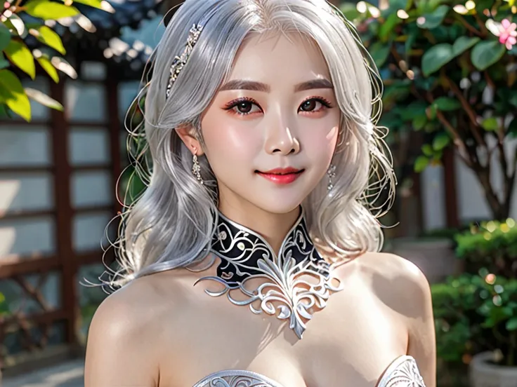 (Thin eyebrows)、((Very strong sunlight))、((((Beautiful silver hair))))、((small head))、(Beautiful silver hair with short wavy:1.2)、FULL BODYSHOT、(((8K, Raw photography)))、 (((The face is Enako of a cosplayer)))、(extremely delicate and beautiful)、(​masterpie...