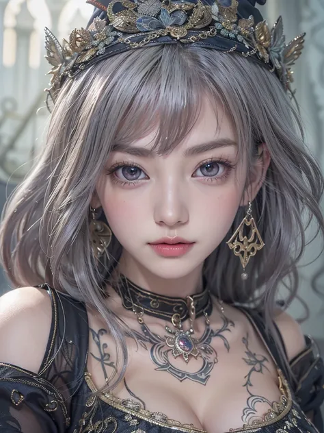 ( Masterpiece,  Best Detailed Textures ,8K resolution, top quality:1.4),  high definition,  Cinematic Lights,( realistic face),A beautiful face you rarely see , Viewers Captivating Gaze , beautiful charming expression ,(( smooth straight gray hair)),( The ...