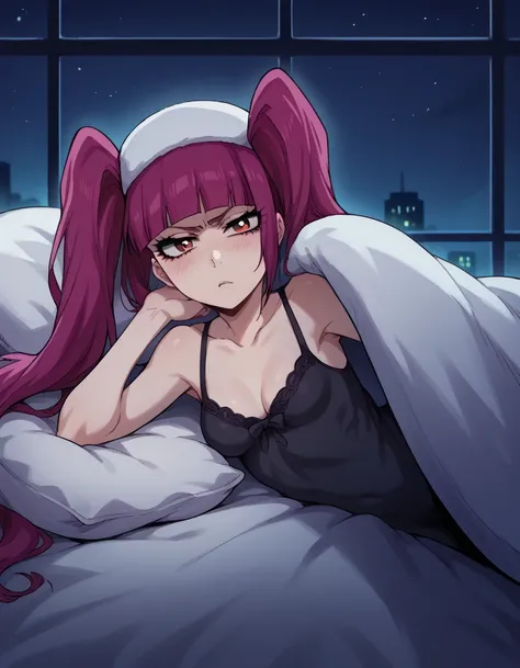 score_9, score_8_up, score_7_up, source_anime, riruka dokugamine, long hair, twintails, red eyes, purple hair, bangs, blunt bangs, small breasts,       skinny, petite body, cleavage, looking at viewer, bed invitation, on bed, on side, pillow, under covers,...