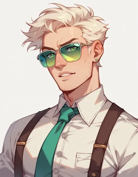 human Male , whiter Tied  hair Style   , Green pupils    , white shirt Buttons  ,Suspenders ,StickySweet Style , Tie  , Gloves  ,  Sunglasses 