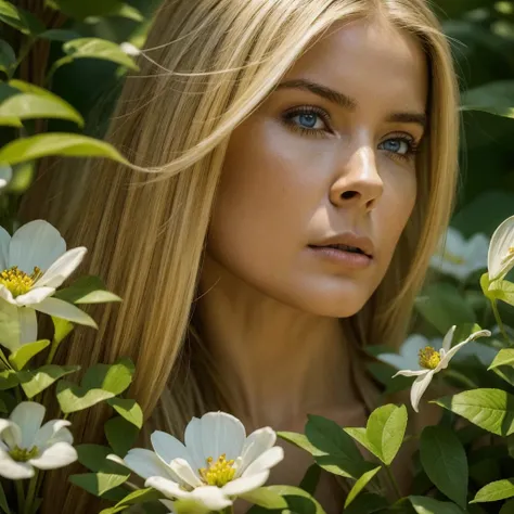 Hyper-realistic action scene in which a beautiful blonde woman closely examines the flora and fauna of America. "Add extremely precise details to plants, Animales, and the expression of astonishment on Columbus face, 8k, CinematicLight, foto realista, Rend...