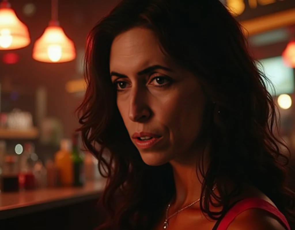 create an image of Melinas face, so that her eyes can be seen perfectly and a bar in the background. She is a beautiful 35-year-old woman, hyperrealistic cinematic poster style image