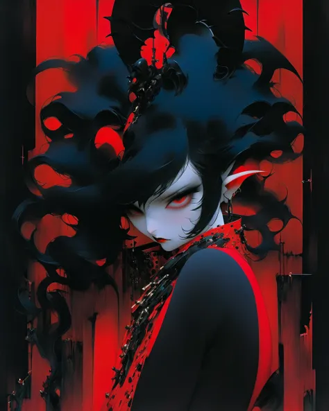   1 Devil Girl , Gradient color
(  mechanical arm in black hair with zipper  ),
 Long neck red leather stockings with geishas 
(art by Yoshitaka Amano    )