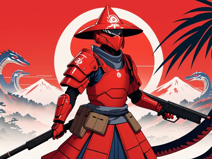 A male warrior. He is wearing a japanese inspired armor in red colors, with minimalist futuristic details. the warrior is wearing an kettle hat . He is armed with a small rifle. He is riding a velociraptor. The style is futuristic anime. The setting is cle...