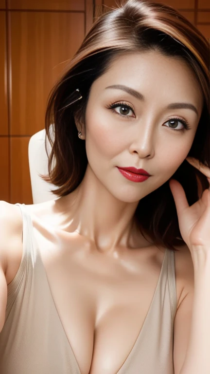 (a portrait with sharp focus and crisp quality, highlighting the subjects facial features)、dark red lips with thick luster、40 year old mature woman、