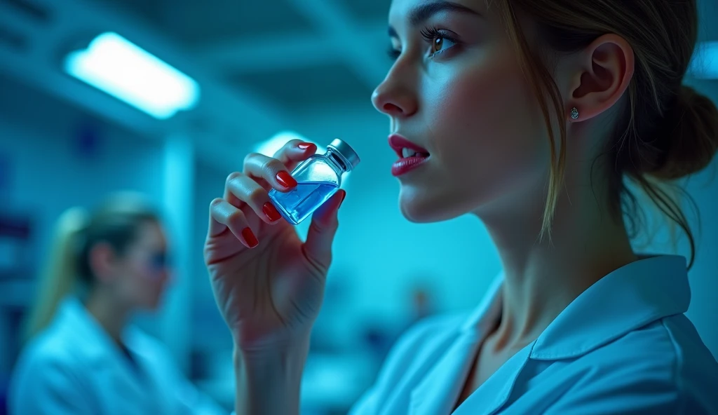 A female hand,  perfectly maintained with nails painted red ,  holding a small vial filled with a bright blue liquid. The background is a modern laboratory ,  full of blue lights and advanced defocused equipment .  The hand slowly brings the vial to the wo...