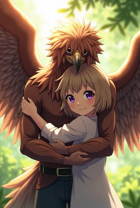 Create an image of Hawks, a character from My Hero Academia, hugging a girl with a fair complexion, purple eyes and light brown hair with a Bob-style cut 