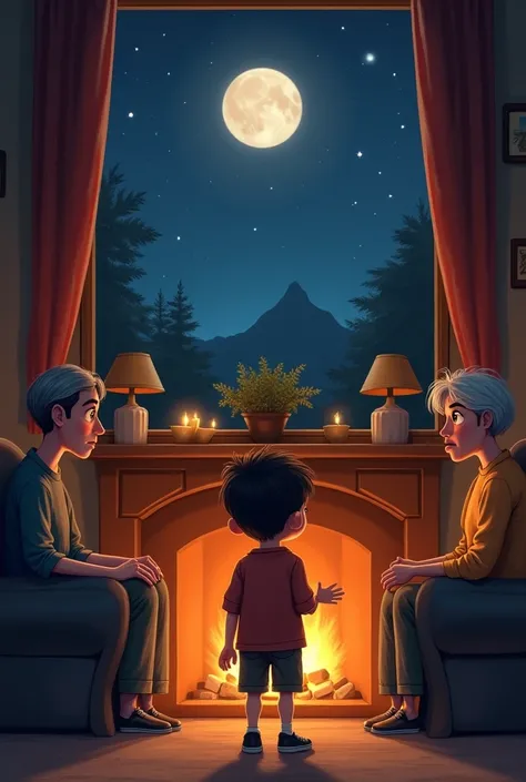 picture of alex telling his parents that the moon is not in the sky and the looked skeptical  at night