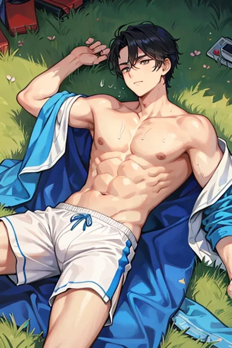 The handsome prince, who is versatile in sports, is shirtless, sweaty, and sleeping on the lawn after running
