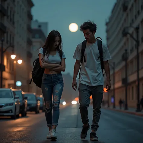 SFW, 
 quality:
(((masterpiece, high quality 16K, 32K))), (8k, HD,  ultra-hyperrealistic : 1.9).

Scene:
 Big City .  Brother and sister are hiking on a side street in a big city ,  carry a city at night

Subject :
Siblings,  21 year old sister with 18 yea...