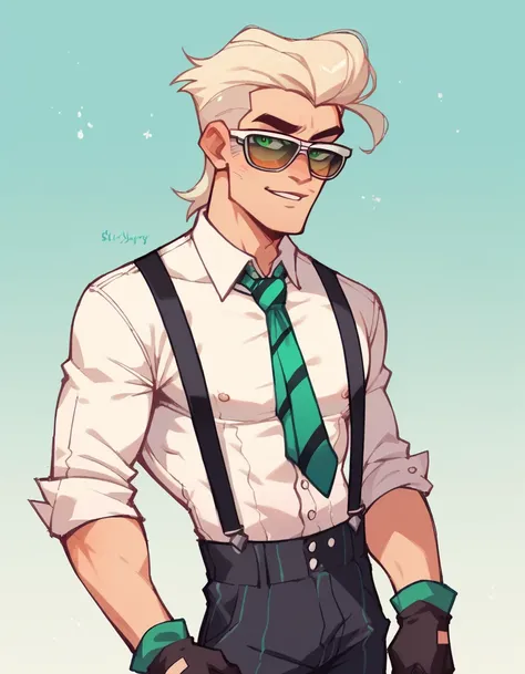 human Male , whiter Tied  hair Style   , Green pupils    , white shirt Buttons  ,Suspenders ,StickySweet Style , Tie  , Gloves  ,  Sunglasses 