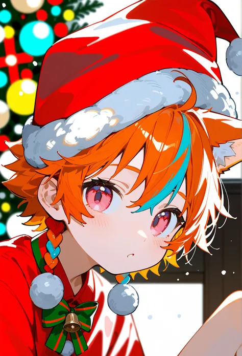 boy,Pink Eyes, Fox Ears,orange hair,white ends of hair,muliticolored hair,looking at viewer,cute boy,red shirt,living room background,Anime, Anime Style,13year old boy,wolf tail,black tip on tail,santa hat,snow fall,blush, Close-Up, From Side, 