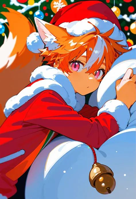 boy,Pink Eyes, Fox Ears,orange hair,white ends of hair,muliticolored hair,looking at viewer,cute boy,red shirt,living room background,Anime, Anime Style,13year old boy,wolf tail,black tip on tail,santa hat,snow fall,blush, Close-Up, From Side, 