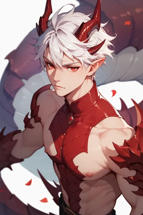 man-dragon, white hair, short hair, red horns, red eyes, dragon tail