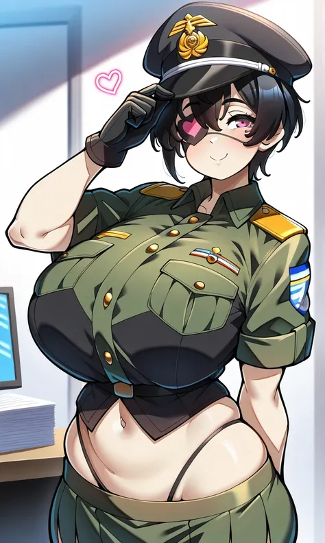 NSFW,score_9, score_8_up, score_7_up, score_6_up, score_5_up, score_4_up, ( source_Anime),    1 girl,  Super Big Breasts ,  saggy breasts、Plump、Big Butt、 thick thighs、Wide hips、looking at viewer, smile, tooth, black clothes,  short hair,  shirt, midriff,  ...