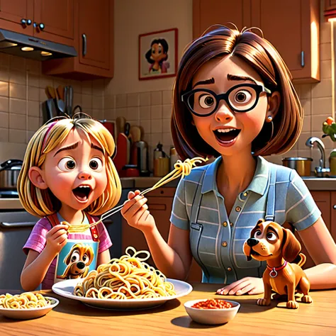 
 Caricature numérique et dynamique en 3 D, FILM PIXAR, dun bully et dune petite fille mangeant des spaghettis ensemble . Le chien à des nouilles de spaghetti pendant de sa bouche et la petite fille tient une fourchette avec des spaghettis