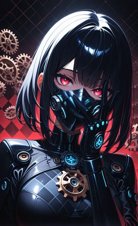 1girl,solo, upper body, mechanical gears, Full face mask,mask cover, Academic, Shallow shaded, film grain, dutch angle,hand covering face,incubators,argyle_background,Argyle print,masterpiece,best quality,amazing quality,very aesthetic,absurdres,newest,