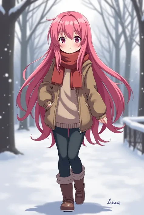 Megurine Luka cute adult casual clothes, g pan, winter walk, pink hair, upper body