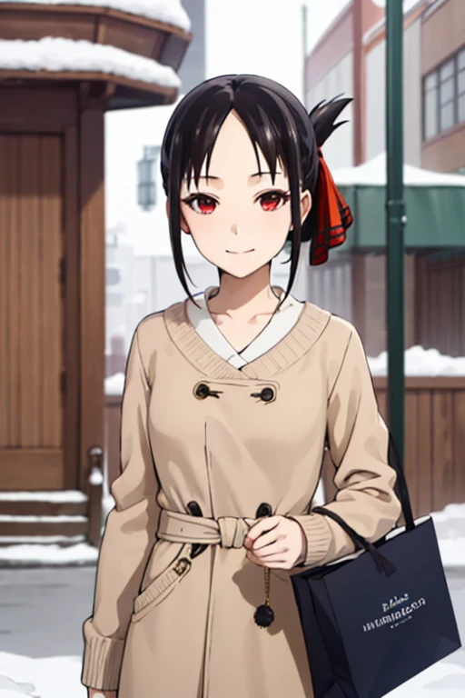 best quality, (masterpiece:1.2), detailed,
shinomiya kaguya,
1girl, solo, closed mouth, light smile,
black hair, red eyes, short hair, folded ponytail, hair ribbon, calm smile,wearing latest winter fashion,looking at viewer,focus face,shopping