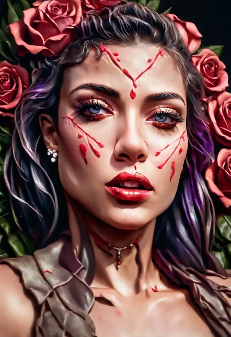 A beautiful badass woman, intricate detailed portrait, piercing eyes, lush rose petals, dramatic lighting, cinematic composition, rich colors, oil painting, hyper-realistic, 8k, best quality, masterpiece