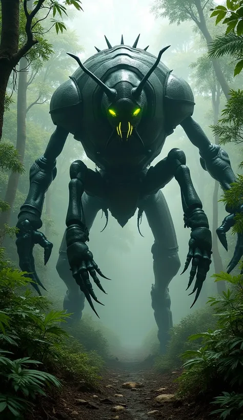 Imagine a massive insectoid titan with segmented, glistening black armor and glowing green mandibles looming over a dense, tropical forest. The titans sharp, spiked legs slice through the tree canopy, sending splinters raining down to the forest floor. Its...