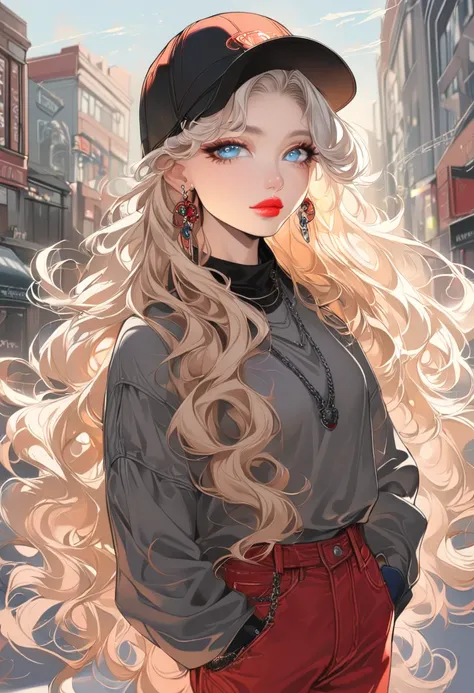 1girl,long hair,solo,jewelry,earrings,pants,hat,bag,red pants,looking at viewer,hands in pockets,lips,long sleeves,standing,very long hair,black headwear,white hair,blue eyes,blonde hair,wavy hair,baseball cap,sweater,shoulder bag,