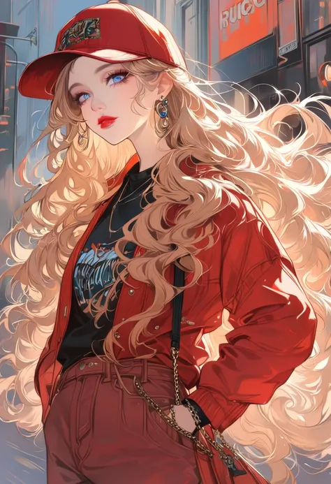 1girl,long hair,solo,jewelry,earrings,pants,hat,bag,red pants,looking at viewer,hands in pockets,lips,long sleeves,standing,very long hair,black headwear,white hair,blue eyes,blonde hair,wavy hair,baseball cap,sweater,shoulder bag,