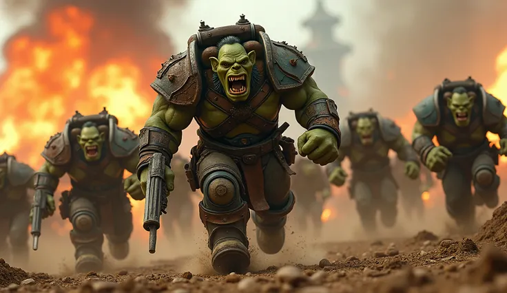 Orks:**
  - **Appearance:** Large, muscular, and brutish with green skin. They have exaggerated facial features, such as large tusks and fanged mouths.
  - **Armor and Weapons:** Crude, mismatched armor made from scavenged materials. They wield large, prim...