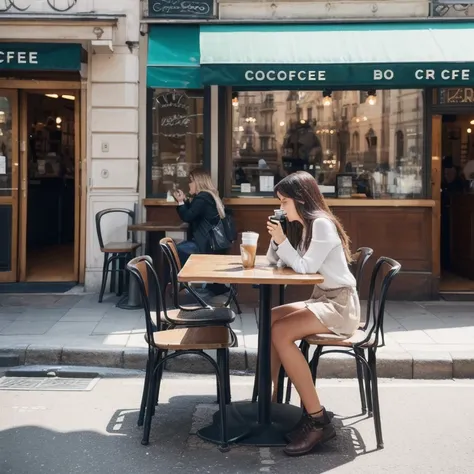 Camera view from distance to a young beautiful woman sitting and drinking a coffee at the street coffee shop in Paris. Street view and Morning sun light. 