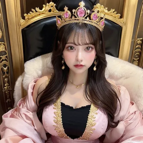 Queen、 big boobs that pop out of clothes 、 golden royal family 、Sitting on a giant throne、 wearing a gorgeous pink dress、huge crown 、 pink eyes、pink diamond 、 knight protecting her 、Golden throne、 arrogant way to sit 、 cute、 gorgeous decoration with lots o...