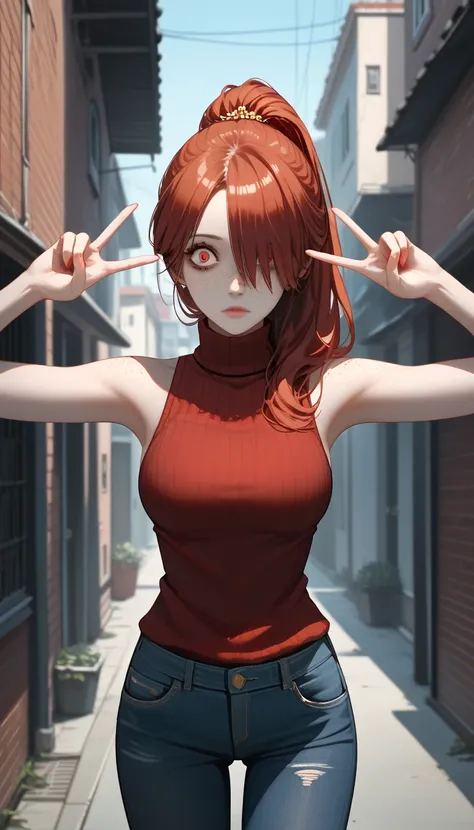 Surrealism, 8k, super detail, UHD, masterpiece, super detail, high details, high quality, best quality, highres, 1080P, HD, perfect anatomy human, anatomically correct, mature girl, 1girl, (solo), cute, sweet, ponytail, long hair, red hair, red eyes, hair ...