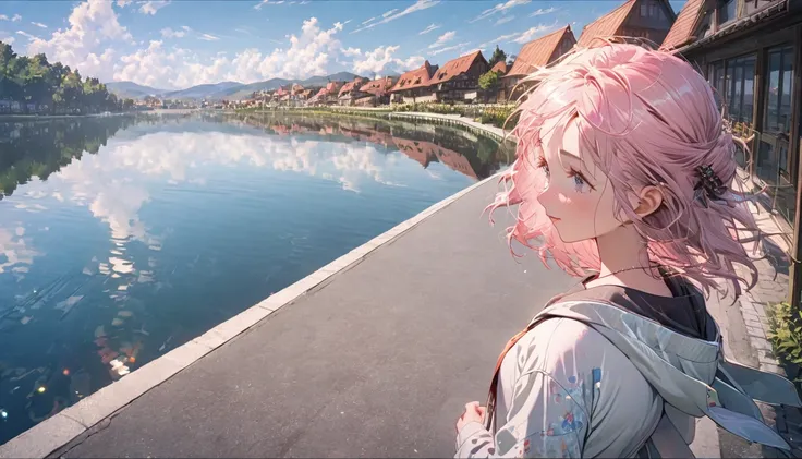 8k,17-year-old female， extremely delicate and beautiful , beautiful and realistic skin ,  long, shiny pink hair, symmetrical ,Walking freely on the road while looking at the lake from a clear lake-side promenade with a close view of the town,Hoodie, Full b...